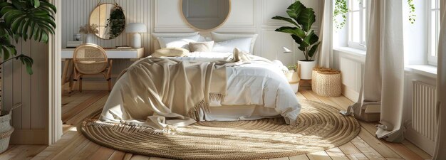 Gezellige slaapkamer met bed wit bureau en spiegel in de stijl van Scandinavische beige deken op de bank bij het bed
