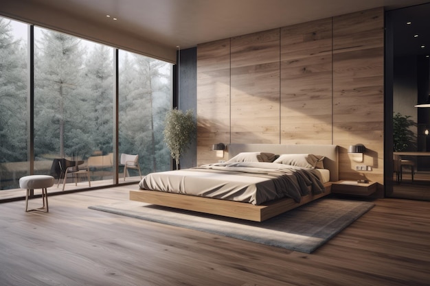 Gezellige slaapkamer met een comfortabel bed en een groot raam met uitzicht op een prachtig uitzicht Generatieve AI