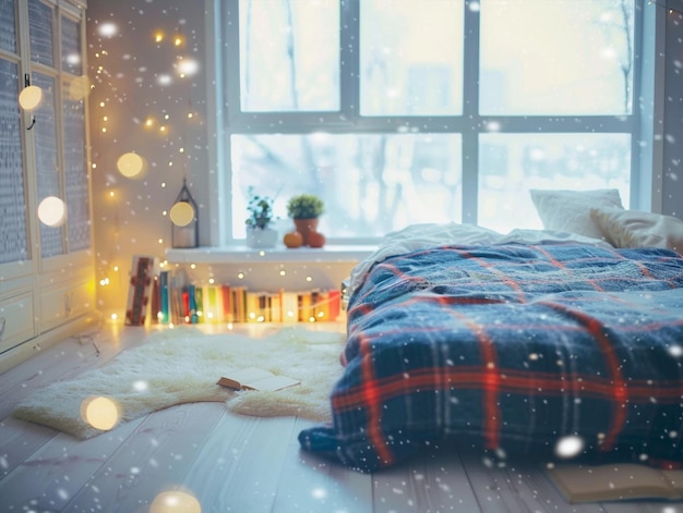 Gezellige slaapkamer met raam sneeuw buiten boeken comfortabel bed en plaid