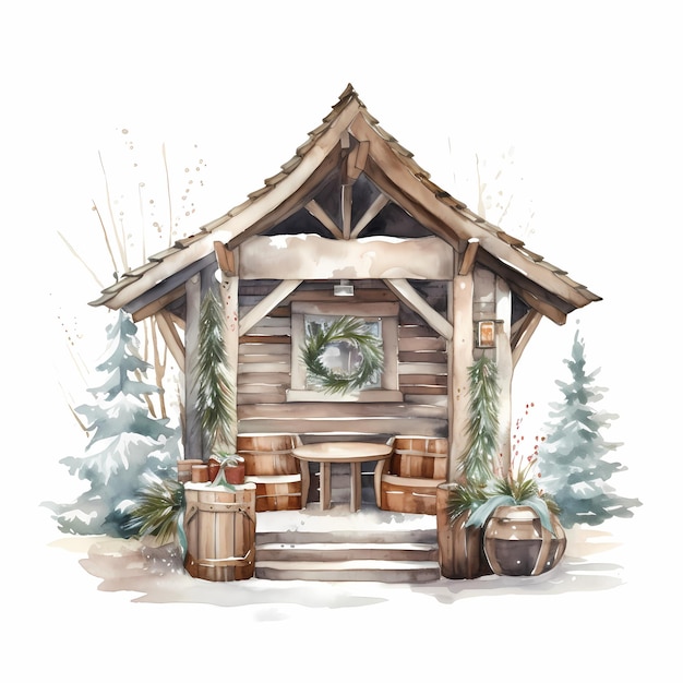 Gezellige sneeuwbedekte winterhut Waterverftekst met kerstverlichting en feestelijke versieringen