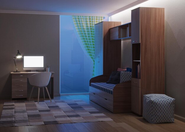 Gezellige stijlvolle kamer ontworpen voor een tiener. Nacht. Avond verlichting. 3D-weergave.