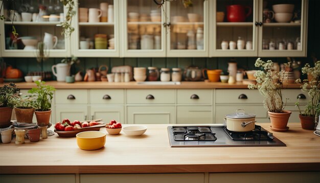 Gezellige stijlvolle keuken met huishoudelijke artikelen Element van een gezellig huis met een modern keukeninterieur