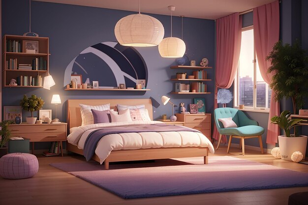 Gezellige stijlvolle slaapkamer ontworpen voor een tiener nacht avond verlichting 3d rendering