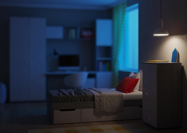 Gezellige stijlvolle slaapkamer ontworpen voor een tiener. Nacht. Avond verlichting. 3D-weergave.