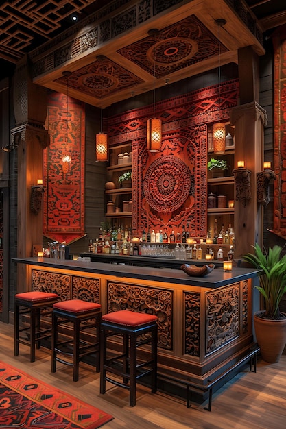 Foto gezellige thaise geïnspireerde home bar met bamboe bar krukken gebeeldhouwde houten interieur lay-out creatief decor