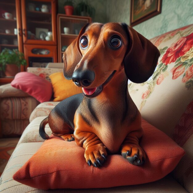 Gezellige thuis scène met Dachshund op de bank