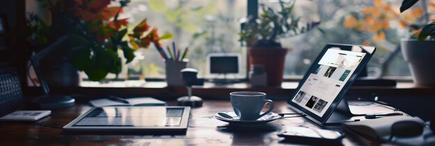 Gezellige thuiskantooropstelling met tablet en koffie