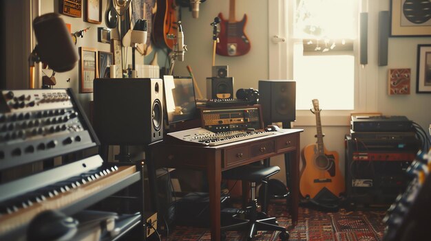 Foto gezellige thuismuziekstudio met een verscheidenheid aan instrumenten en apparatuur perfect voor het maken van je eigen muziek of het opnemen van podcasts