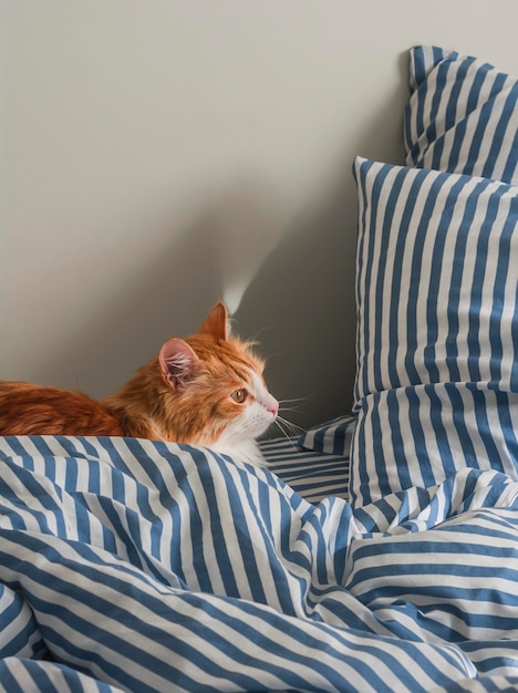 Gezellige thuisochtend Een rode kat op een bed met gestreept blauw katoenen beddengoed in Scandinavische stijl