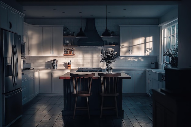 Gezellige Twilight Keuken Scene met houten stoelen en zachte verlichting in het moderne huis