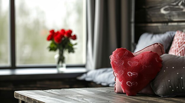 Foto gezellige valentine's day-instelling met pluche kussens en tafelblad