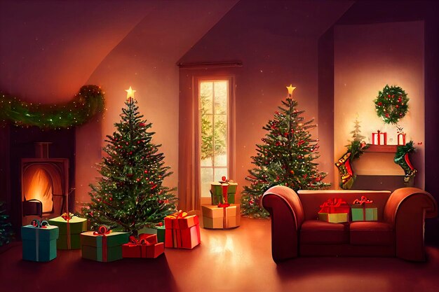 Gezellige vintage kerstvakantie ingerichte kamer kerstboom open haard kaarsen speelgoed bont tapijt