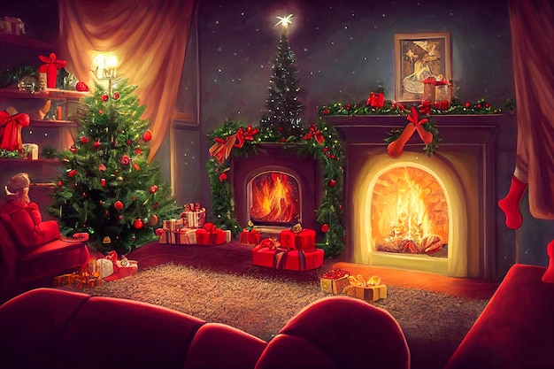 Gezellige vintage kerstvakantie ingerichte kamer kerstboom open haard kaarsen speelgoed bont tapijt