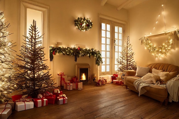 Gezellige vintage kerstvakantie ingerichte kamer met kerstboom, open haard, kaarsen, speelgoedtapijt en fauteuil