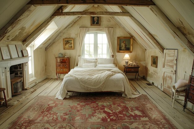 Gezellige vintage zolder slaapkamer interieur met rustieke meubels schilderijen en natuurlijk licht door