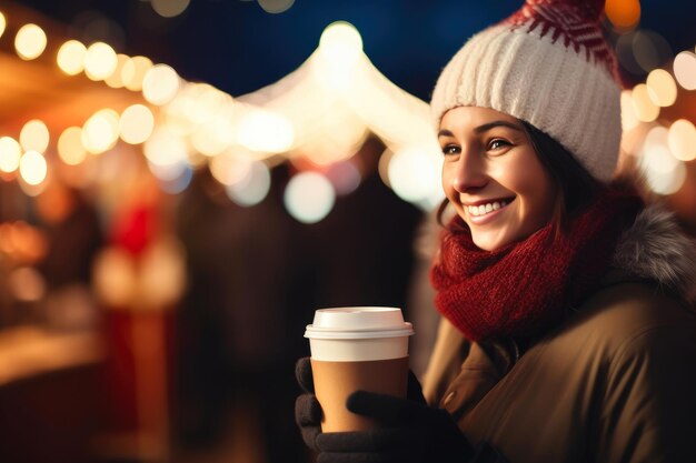 Gezellige winter avond vrouw met warm drankje te midden van kerst drukte