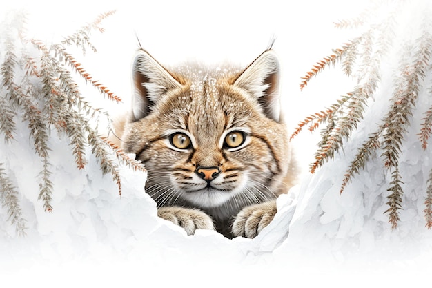 Gezellige winter foto van schattige kleine bobcat verstopt op witte achtergrond generatieve ai