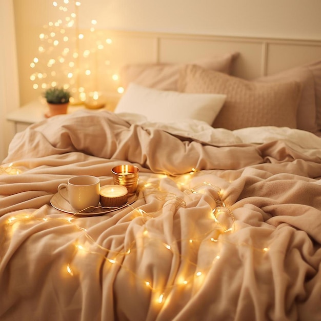 Foto gezellige winter of herfst ochtend thuis warme koffie met gouden metalen lepel warme deken krans en