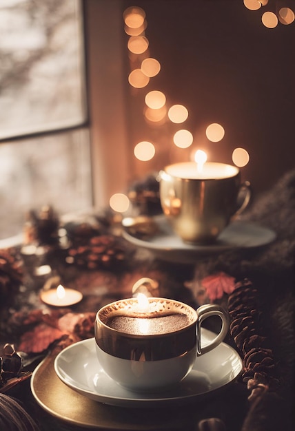 Gezellige winter- of herfstochtend thuis Zweedse hygge inclusief warme koffie met een gouden metalen lepel