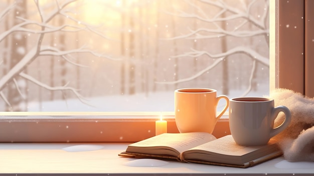 Gezellige winter scène Koffie open boek en plaid op vintage vensterbank in huisje besneeuwd landschap met s