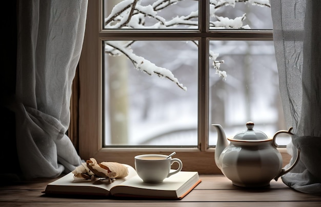 Gezellige winter scène Koffie open boek en plaid op vintage vensterbank in huisje besneeuwd landschap met s