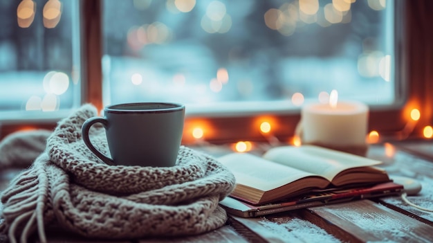 Foto gezellige winteravond met boeken koffie en warmte