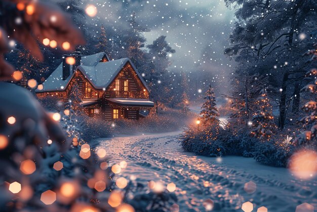Gezellige winterhut met wazige sneeuwvlokken en warme lichten