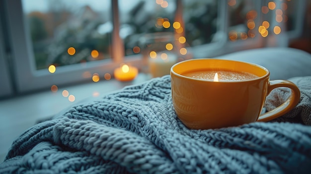 Foto gezellige winterplanning hoekje met een warme deken een aangestoken kaars een zachte muziek playlist en een warme kop kruidenthee vaste kleur achtergrond 4k ultra hd