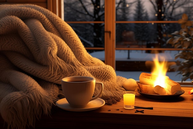 Foto gezellige winterscène met een warme deken een kop thee 00243 00