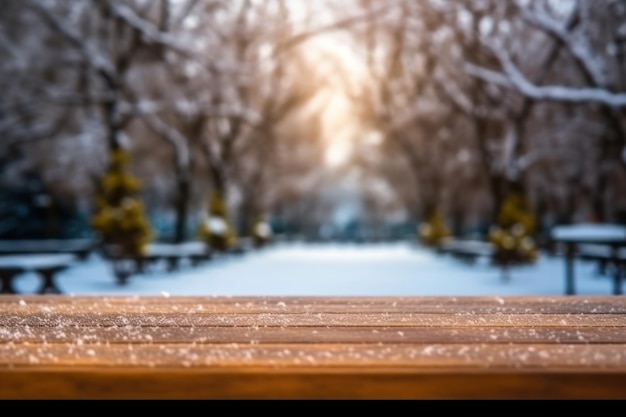 Gezellige wintertuin met lege houten tafel AI gegenereerd