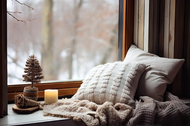 Foto gezellige wintervensterbank met kussens en een gebreide plaid