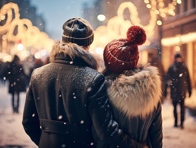 Gezellige winterwandeling Twee mensen slenteren door besneeuwde straat Generatieve AI