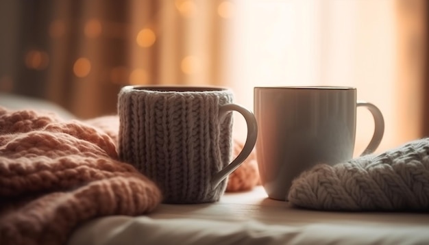 Gezellige wollen breisels warme dranken en rustiek decor voor de winter gegenereerd door AI