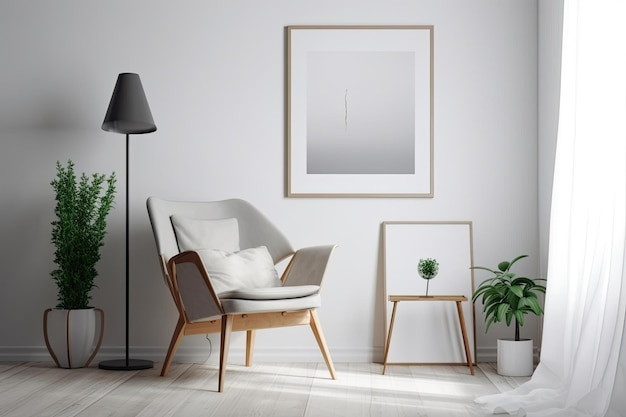 Gezellige woonkamer met een minimalistische inrichting met een comfortabele stoel en een ingelijst kunstwerk aan de muur Generative AI