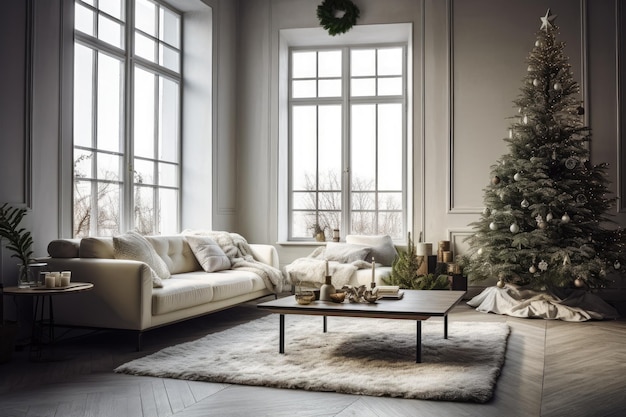 Gezellige woonkamer met een versierde kerstboom en meubels Generatieve AI
