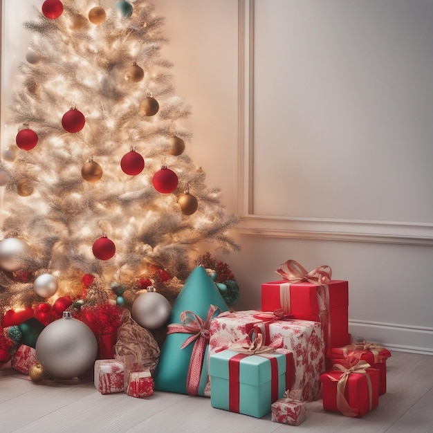 Gezellige woonkamer met feestelijke kerstboom en ingepakte cadeautjes