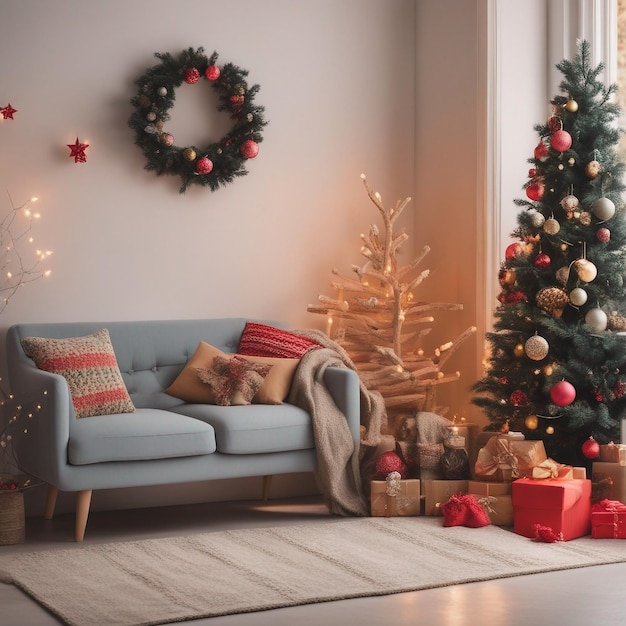 Gezellige woonkamer met feestelijke kerstboom en ingepakte cadeautjes