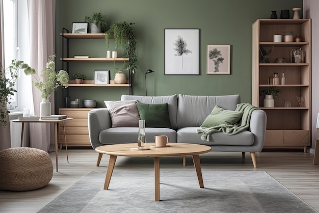 Gezellige woonkamer met groene muren en meubels Generatieve AI