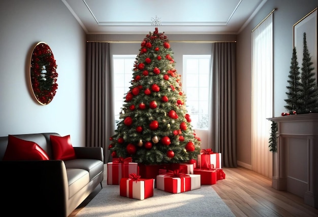 Gezellige woonkamer met kerstboom en rode geschenken in een modern interieur Merry christmas achtergrond