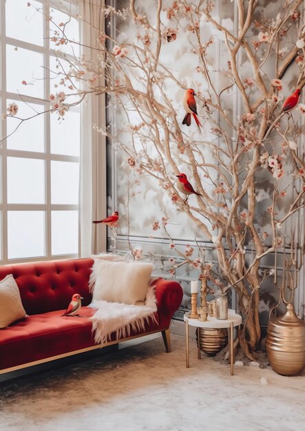 Gezellige woonkamer met kerstboom en rode geschenken in modern interieur Vrolijk kerstfeest achtergrond