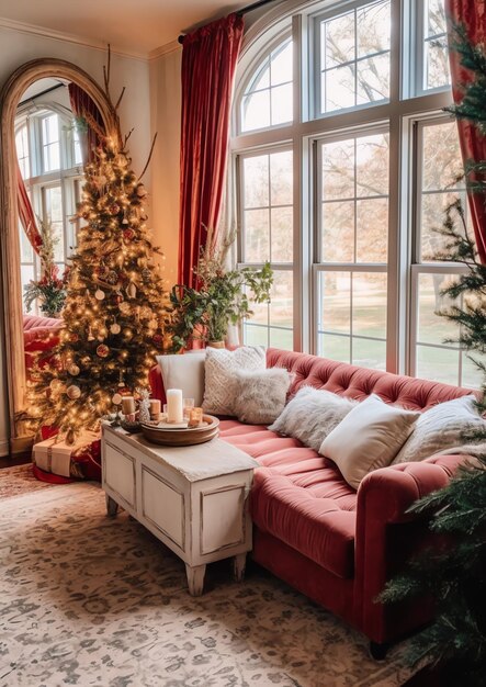 Gezellige woonkamer met kerstboom en rode geschenken in modern interieur Vrolijk kerstfeest achtergrond