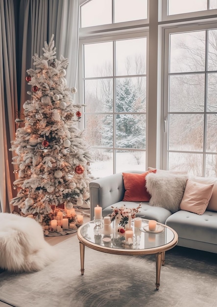 Gezellige woonkamer met kerstboom en rode geschenken in modern interieur Vrolijk kerstfeest achtergrond