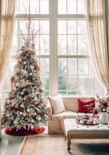 Gezellige woonkamer met kerstboom en rode geschenken in modern interieur Vrolijk kerstfeest achtergrond