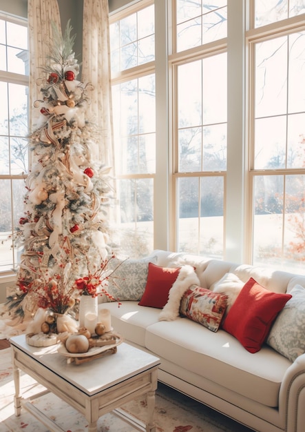 Gezellige woonkamer met kerstboom en rode geschenken in modern interieur Vrolijk kerstfeest achtergrond