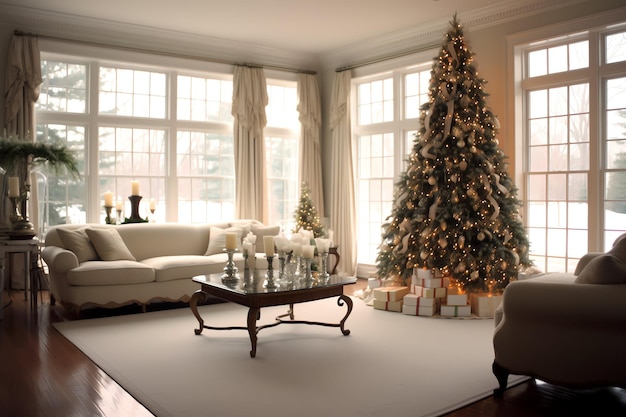 Gezellige woonkamer met kerstboom en rode geschenken in modern interieur Vrolijke kerst achtergrond