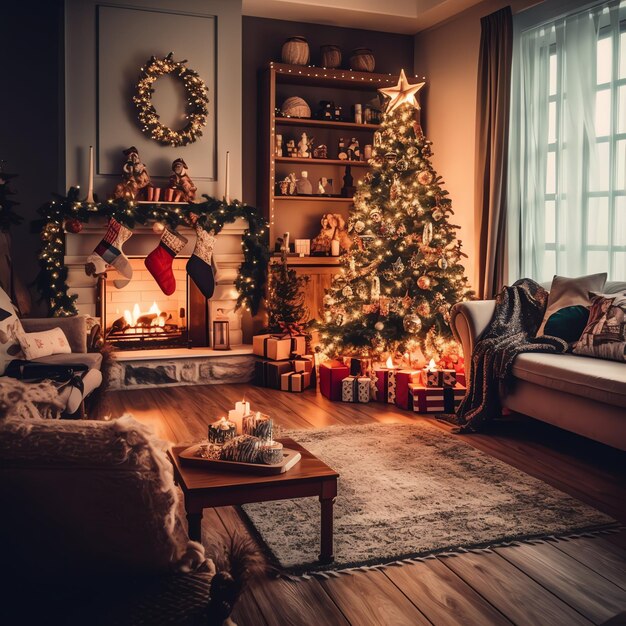 Gezellige woonkamer met kerstboom en rode geschenken in modern interieur Vrolijke kerst achtergrond