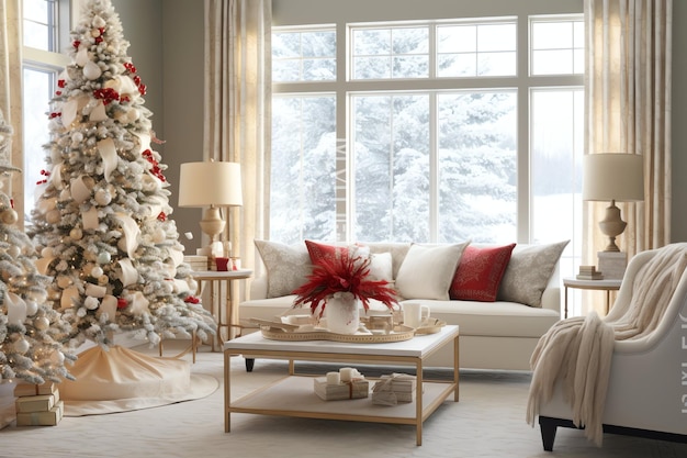 Gezellige woonkamer met kerstboom en rode geschenken in modern interieur Vrolijke kerst achtergrond