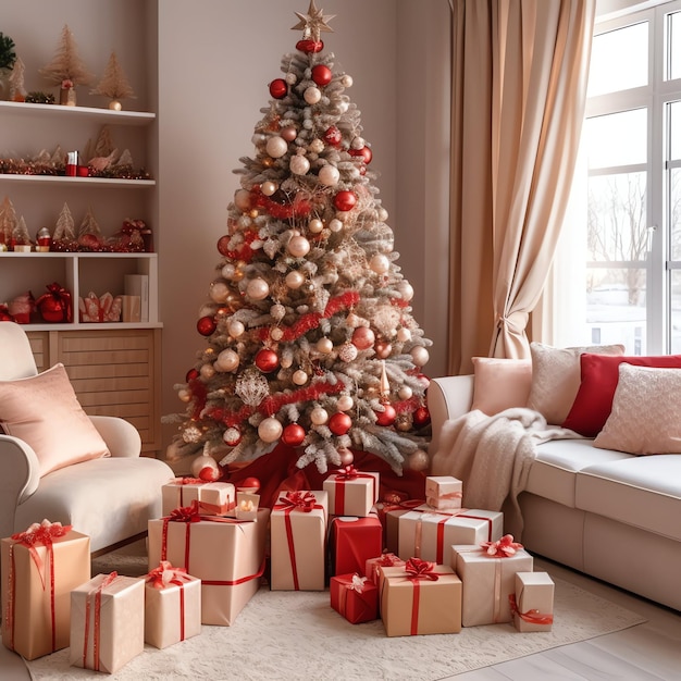 Gezellige woonkamer met kerstboom en rode geschenken in modern interieur Vrolijke kerst achtergrond