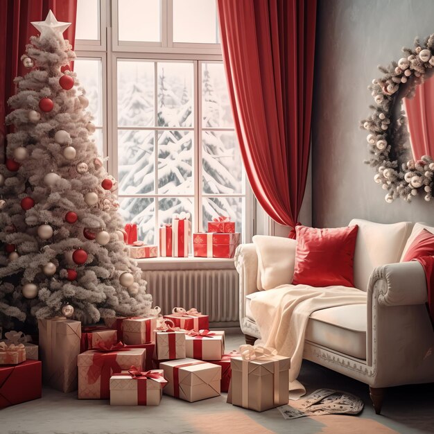 Gezellige woonkamer met kerstboom en rode geschenken in modern interieur Vrolijke kerst achtergrond