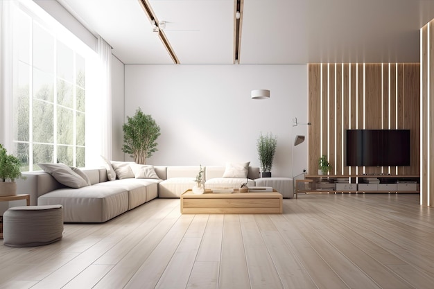 Gezellige woonkamer met modern meubilair en entertainmentsysteem Generatieve AI